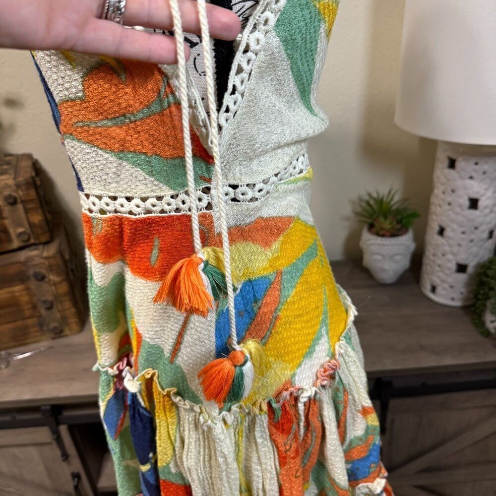 Z&L EUROPE Tassel Tie Lace Trim Tiered  Mini Dress  Toucan Print  Sz S Tropical - Picture 5 of 11